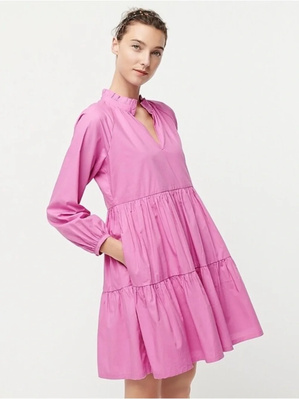 J Crew Pink Poplin Tiered Dress Size S Lined Pockets Barbiecore Feminine